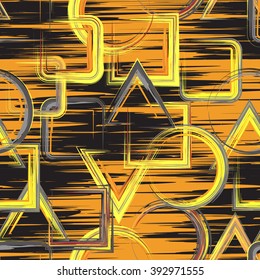 Seamless geometric grunge hand drawn paint brash  pattern in vector. Triangle square circle background