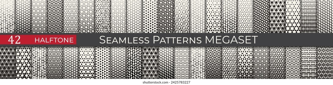 Seamless geometric halftone pattern set. Retro decoration megaset. Collection of simple abstract textures.