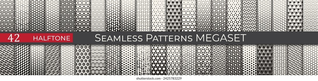 Seamless geometric halftone pattern set. Retro decoration megaset. Collection of simple abstract textures.