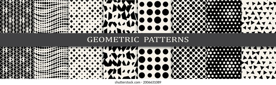 Seamless geometric halftone patterns set.