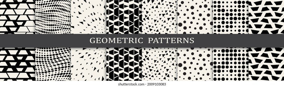 Seamless geometric halftone patterns set.