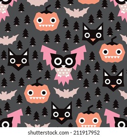 Seamless geometric halloween night pastel owl pumpkin and cat illustration background pattern in vector