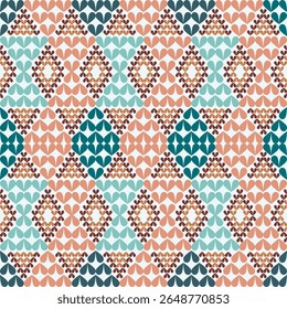 Naadloze geometrische hartdruppelpatroon met kleurrijke Teal, Perzik en Bruine Motieven in Diamond Layout, Modern Decoratief Ontwerp voor Behang, Stof, Digitale Prints, en Stijlvolle Achtergronden