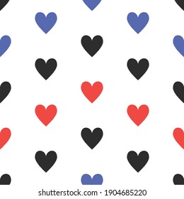 Seamless geometric hearts pattern. Red and blue love Valentine's day background for fabric, textile, wrapping, cover etc.