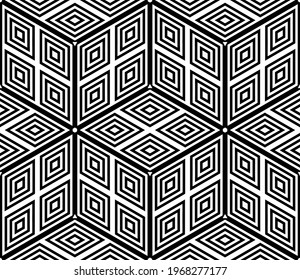 Seamless geometric hexagons and diamonds op art pattern with 3D illusion effect. Vector illustration.