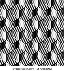 Seamless geometric hexagons op art pattern 3D illusion. Op art vector illustration.