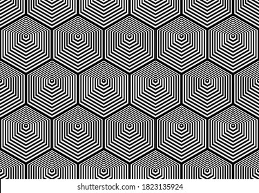 Seamless geometric hexagons pattern with lines texture. Vector art.