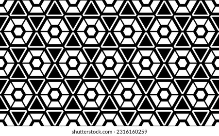 Patrón de Hexagones Geométricos y Triángulos sin Margen. Textura en blanco y negro. Arte vector.