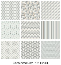 Seamless geometric hipster background set. Retro Vintage Seamless Patterns. Subtle White Color Palette. Vector Illustration