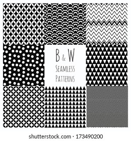 Seamless geometric hipster background set.  Black and White Seamless Patterns.