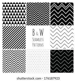 Seamless geometric hipster background set.  Black and White Seamless Patterns.