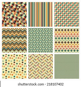 Seamless geometric hipster background set. Retro Vintage Seamless Patterns. Vector Illustration