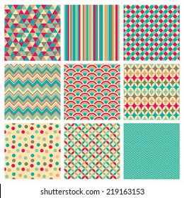Seamless geometric hipster background set. Retro Vintage Seamless Patterns. Vector Illustration