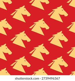 Seamless geometric horse silhouette pattern in red and gold, inspired by zodiac symbolism