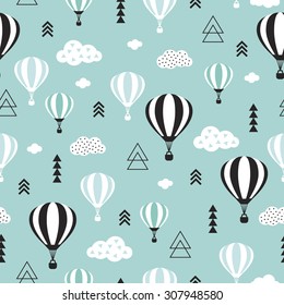 Seamless geometric hot air balloon illustration pastel pink clouds Scandinavian style background pattern in vector blue sky