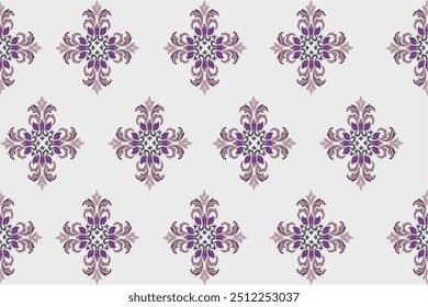 Seamless geometric ikat fabric, European native damask pattern, brown, light brown flowers, white background, vector illustration, wallpaper