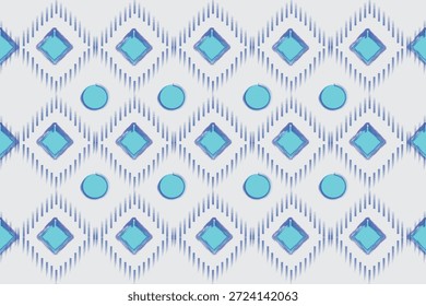 Padrão geométrico contínuo inspirado em ikat apresentando motivos de diamante e oval em tons de azul suave e turquesa em um fundo branco. Este design decorativo em estilo têxtil é inspirado por tecidos étnicos tradicionais com um visual limpo e moderno. Perfeito para impressões de tecido, papel de parede, embalagem, design de moda, decoração doméstica e fundos digitais.