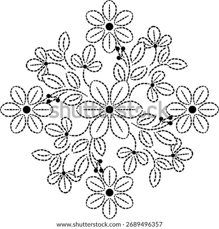Seamless Geometric Intertwining Floral Mandala Design Pattern of Central And Peripheral Swirling Flowers, Leaves and Buds, Dashed Line Swirling Floral Vector Illustration for Embroidery Fabric Cushion