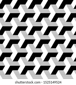 Seamless geometric isometric pattern. 3D illusion. Abstract textured black and white background. Vector art.
