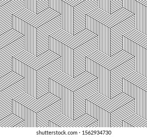 Seamless geometric isometric pattern. 3D illusion. Abstract textured black and white background. Vector art.