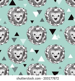 Seamless geometric jungle animal doodle sketch illustration lion background pattern in vector