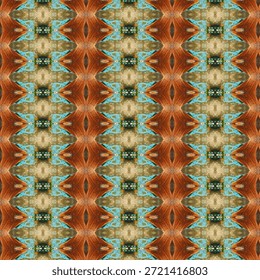 Seamless geometric kaleidoscope pattern with symmetrical shapes in brown and turquoise tones. Abstract pattern, geometric, seamless, symmetry, background.