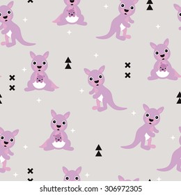 Seamless geometric kids kangaroo australian baby nursery illustration background pattern in vector