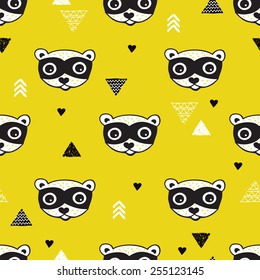 Seamless geometric kids woodland raccoon illustration triangle background pattern in vector