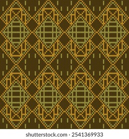  A seamless geometric knit pattern with a repeating motif of diamonds and squares. The pattern is created using a combination of knit and purl stitches, resulting in a textured and visually appealing 