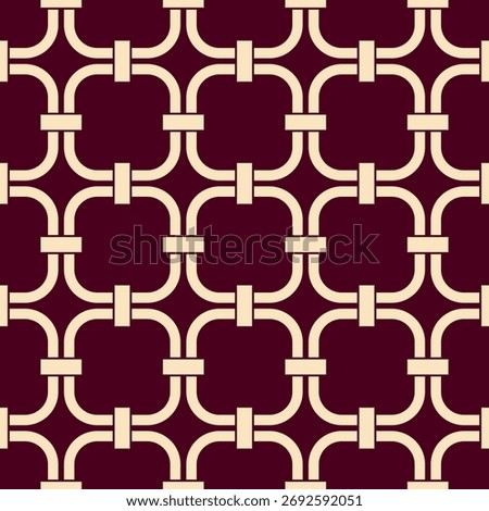 Seamless geometric lattice pattern with beige interlocking cross lines on red background. Minimalist retro style wallpaper, textile, and decorative grid design vector illustration.
