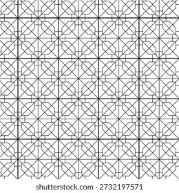 Patrón de celosía geométrica sin fisuras con adornos lineales negros sobre un fondo blanco limpio.