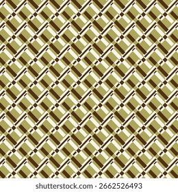 Um padrão de reticulado geométrico sem costura, com formas diagonais interligadas em tons terrosos de marrom, bege e verde-oliva. Este design moderno e abstrato inspirado em têxteis é ideal para fundos