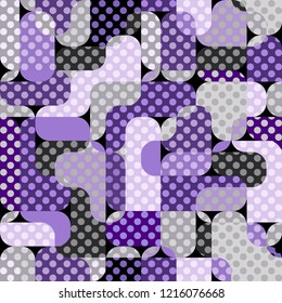 Seamless geometric lilac pattern. Classic polka dot pattern in a patchwork collage style. Vector image.