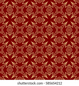 Seamless geometric line floral pattern, ethnic ornament. texture for wallpaper, design, invitation cards. red, gold color graphic background