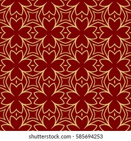 Seamless geometric line floral pattern, ethnic ornament. texture for wallpaper, design, invitation cards. red, gold color graphic background