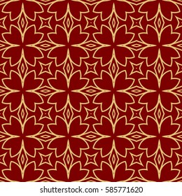 Seamless geometric line floral pattern, ethnic ornament. texture for wallpaper, design, invitation cards. red, gold color graphic background