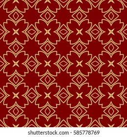 Seamless geometric line floral pattern, ethnic ornament. texture for wallpaper, design, invitation cards. red, gold color graphic background