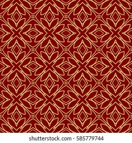 Seamless geometric line floral pattern, ethnic ornament. texture for wallpaper, design, invitation cards. red, gold color graphic background