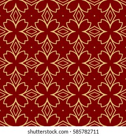 Seamless geometric line floral pattern, ethnic ornament. texture for wallpaper, design, invitation cards. red, gold color graphic background