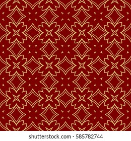Seamless geometric line floral pattern, ethnic ornament. texture for wallpaper, design, invitation cards. red, gold color graphic background