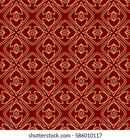 Seamless geometric line floral pattern, ethnic ornament. texture for wallpaper, design, invitation cards. red, gold color graphic background