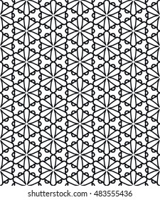 Seamless geometric line pattern in arabian style, ethnic ornament. Endless hexagonal texture for wallpaper, banners, invitation cards. Black and white graphic lace background