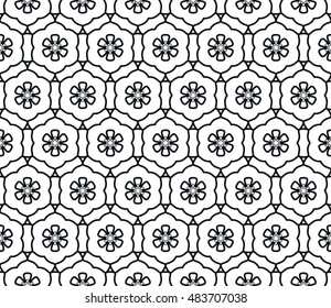 Seamless geometric line pattern in arabian style, ethnic ornament. Endless hexagonal texture for wallpaper, banners, invitation cards. Black and white graphic lace background