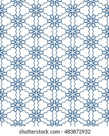 Seamless geometric line pattern in arabian style, ethnic ornament. Endless hexagonal texture for wallpaper, banners, invitation cards. Blue and white graphic lace background