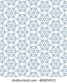 Seamless geometric line pattern in arabian style, ethnic ornament. Endless hexagonal texture for wallpaper, banners, invitation cards. Blue and white graphic lace background