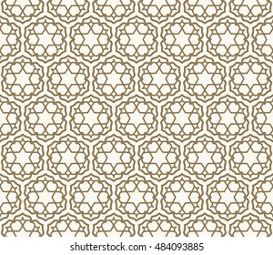 Seamless geometric line pattern in arabian style, ethnic ornament. Endless hexagonal texture for wallpaper, banners, invitation cards. Graphic lace background in a golden brown color