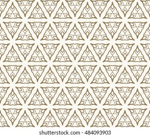 Seamless geometric line pattern in arabian style, ethnic ornament. Endless hexagonal texture for wallpaper, banners, invitation cards. Graphic lace background in a golden brown color