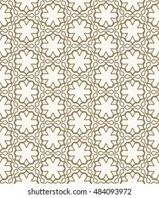 Seamless geometric line pattern in arabian style, ethnic ornament. Endless hexagonal texture for wallpaper, banners, invitation cards. Graphic lace background in a golden brown color