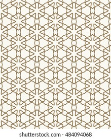 Seamless geometric line pattern in arabian style, ethnic ornament. Endless hexagonal texture for wallpaper, banners, invitation cards. Graphic lace background in a golden brown color