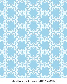Seamless geometric line pattern in arabian style, ethnic ornament. Endless hexagonal texture for wallpaper, banners, invitation cards. Blue and white graphic lace background
